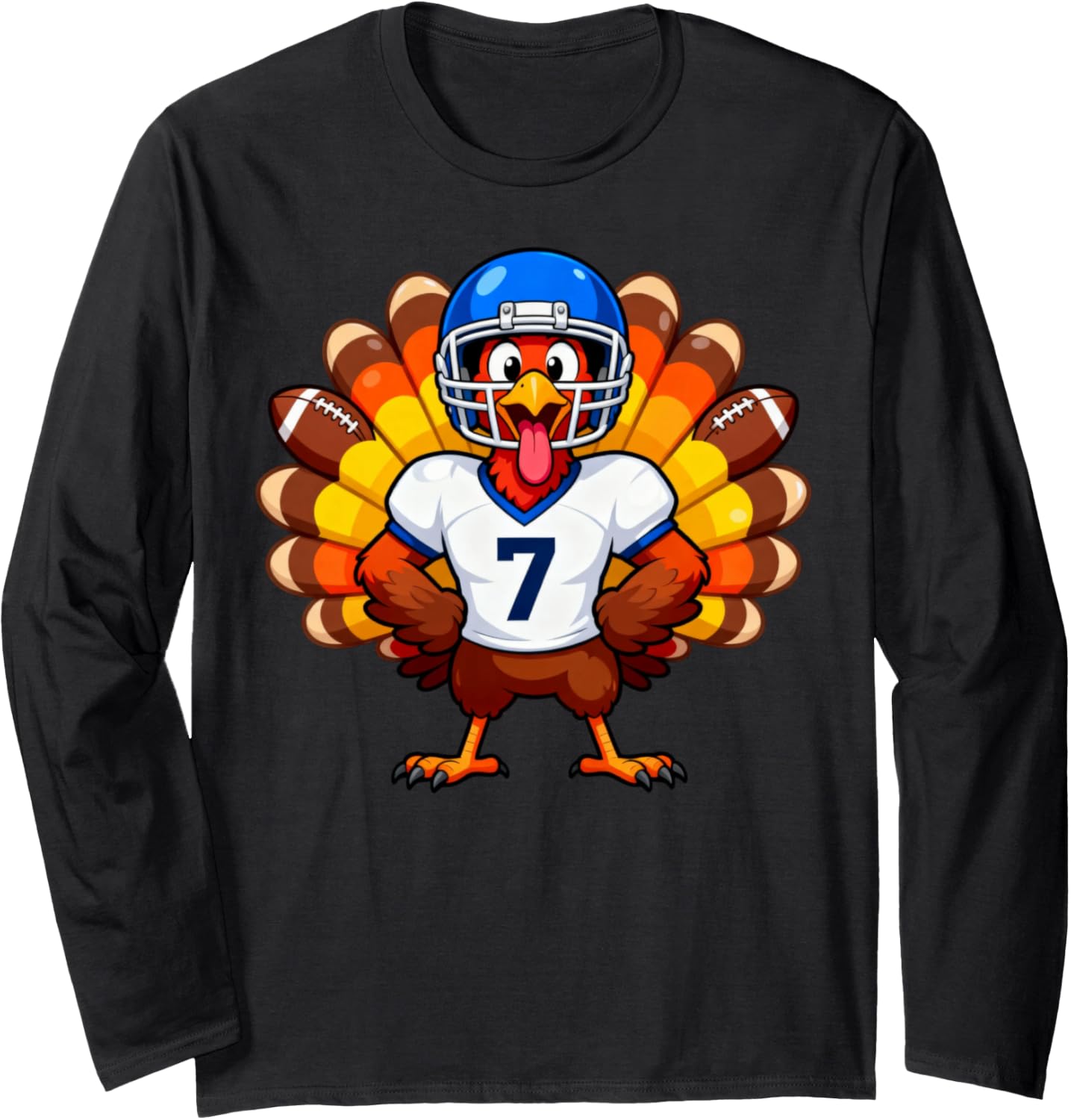 Number 7 Funny Thanksgiving Football Turkey Men Women Kids Long Sleeve