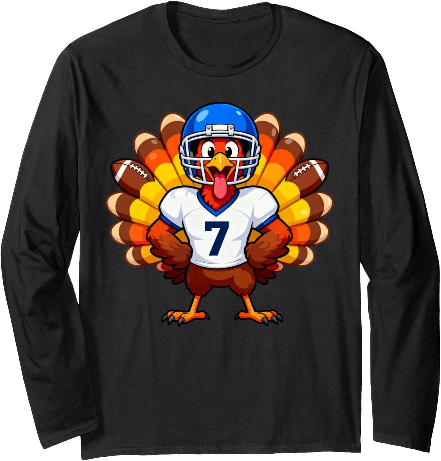 Number 7 Funny Thanksgiving Football Turkey Men Women Long Sleeve