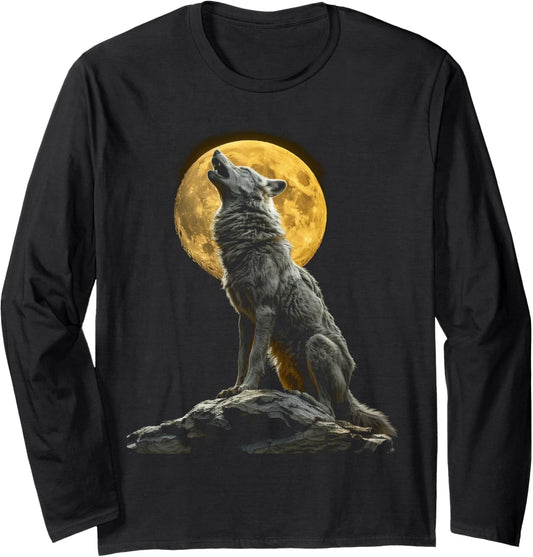 Alpha Wolf Howling Full Moon Mountain Lover Graphic Long Sleeve T-Shirt