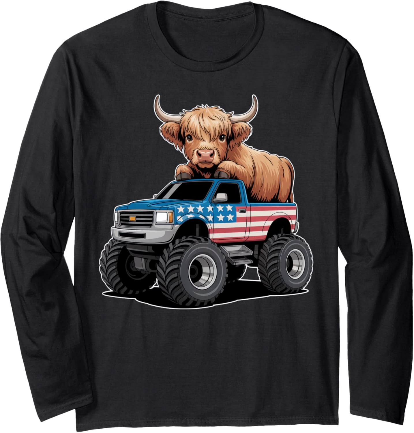 Patriotic Truck With Chibi Highland Cow Long Sleeve