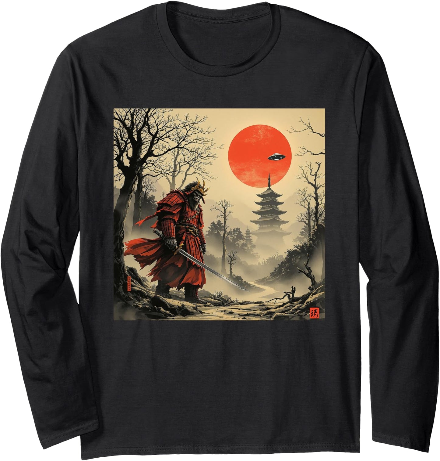 Samurai Bigfoot UFO Japanese Vintage Graphic Ukiyo-e Art Long Sleeve