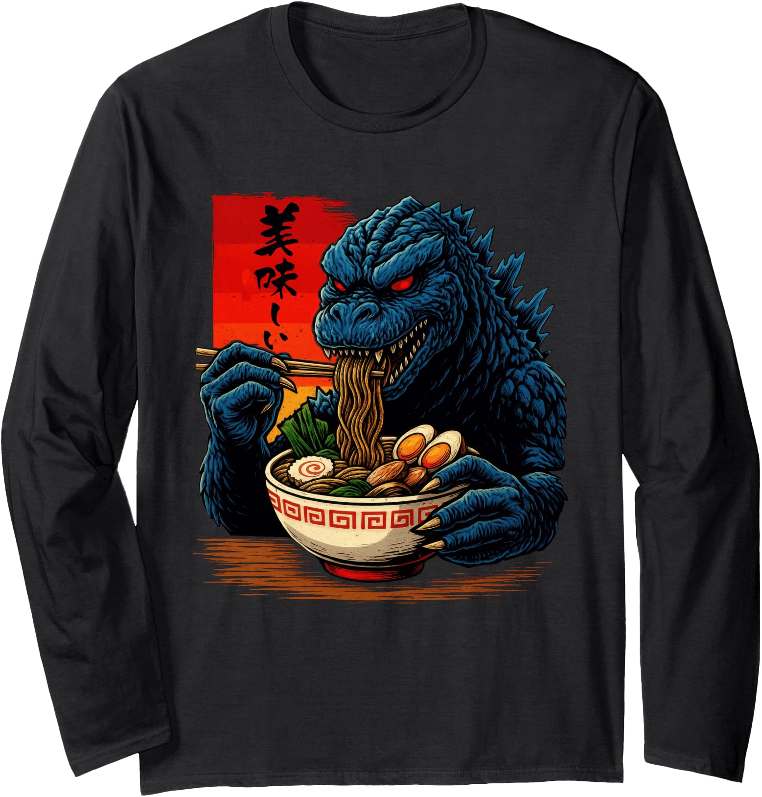 Funny Kaiju Eating Ramen Japanese Monster Lover Birthday Boy Long Sleeve