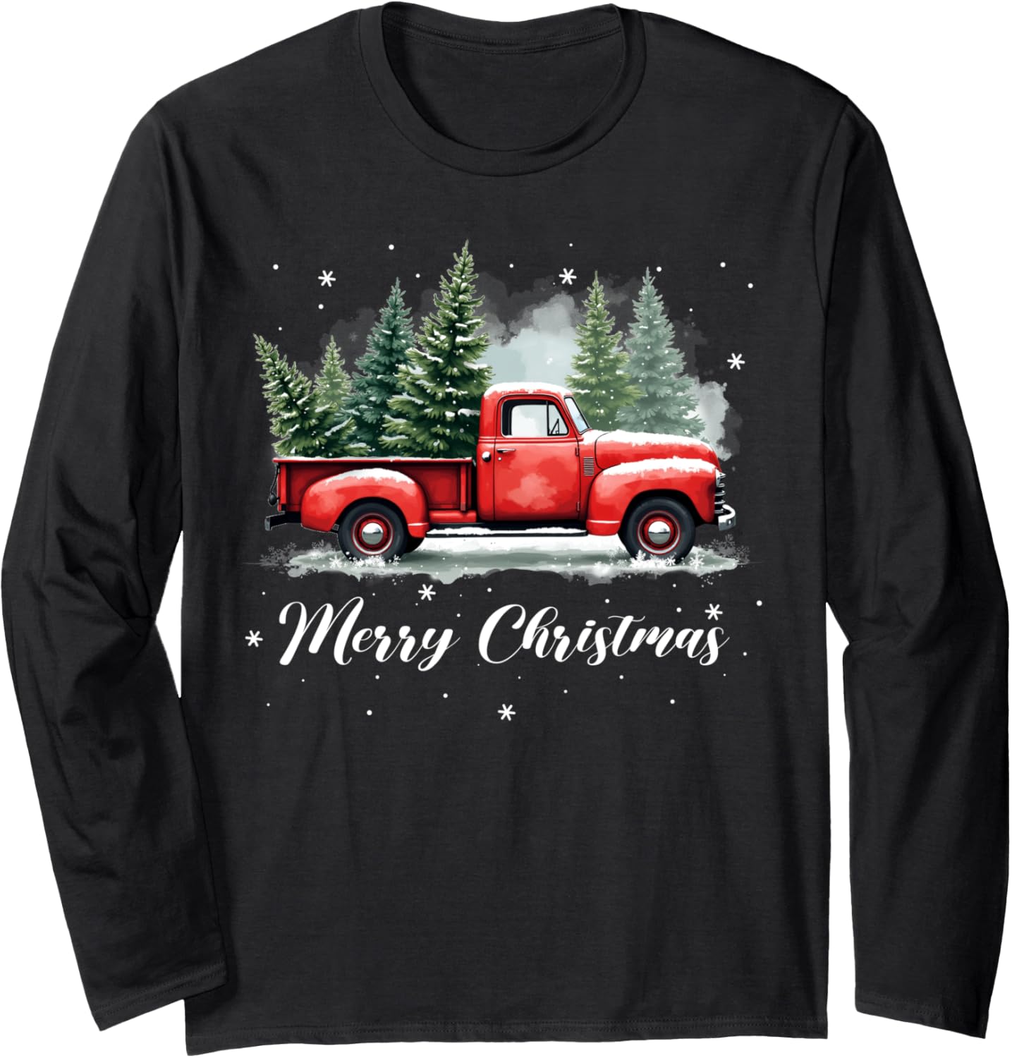 Vintage Wagon Merry Christmas Tree on Car Xmas Red Truck Long Sleeve