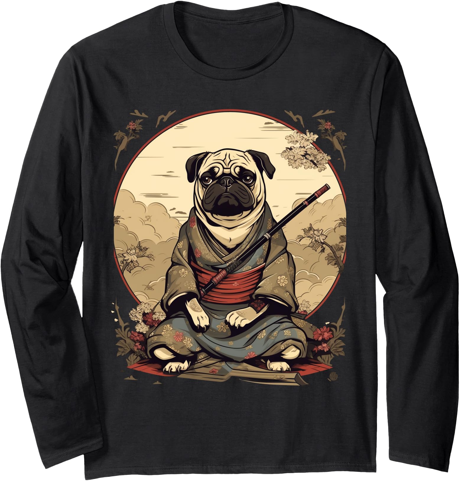 Vintage Japanese Art Samurai Pug Dog Long Sleeve