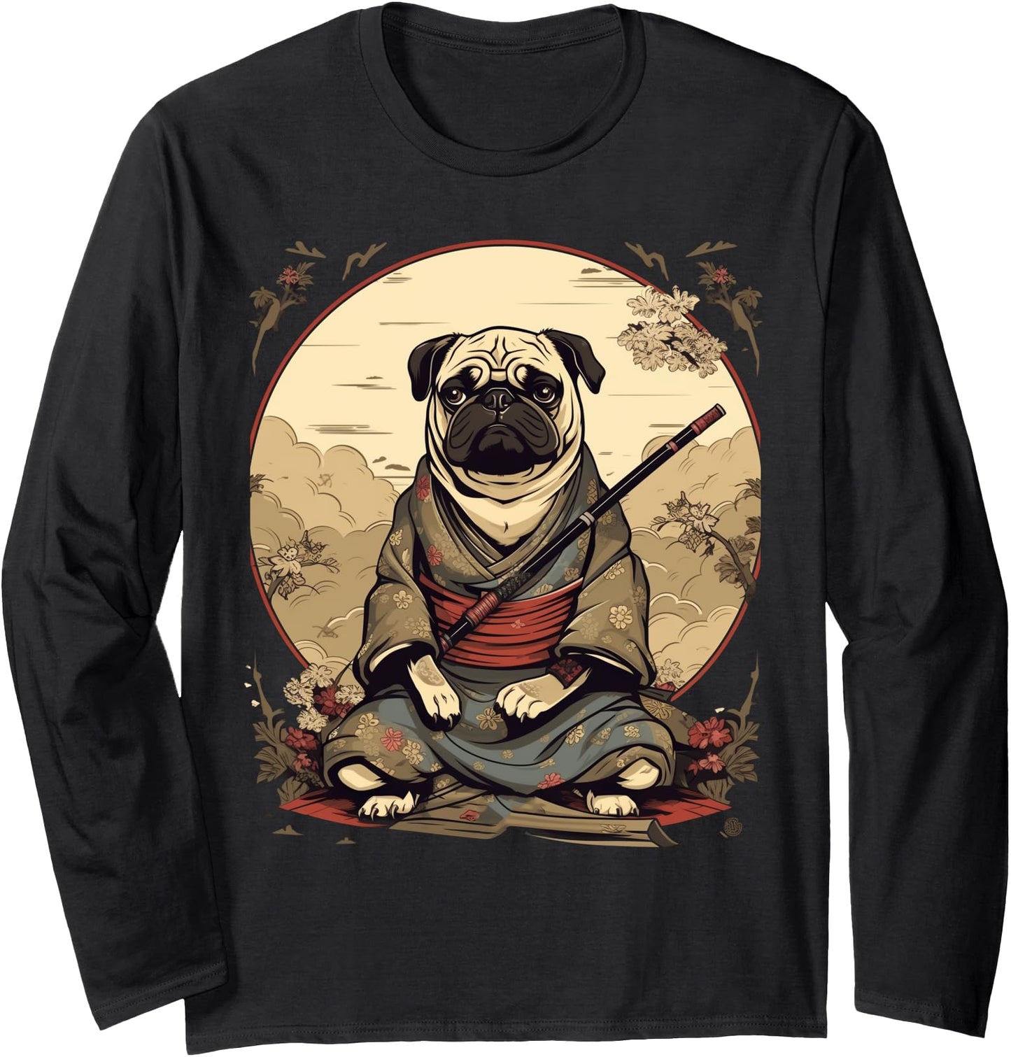Vintage Japanese Art Samurai Pug Dog Long Sleeve