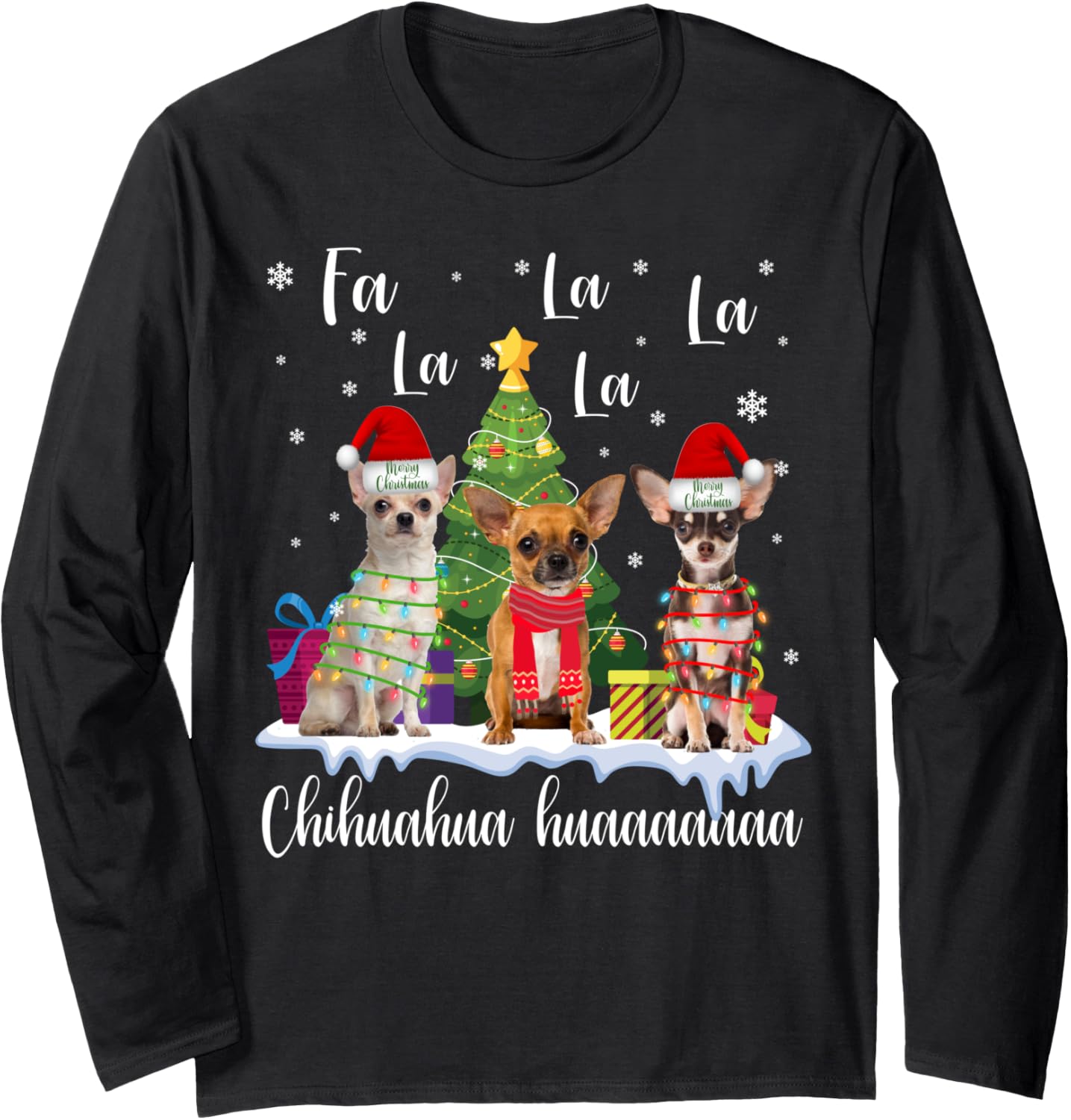 chihuahua dog xmas fa la la la funny ugly christmas sweater Long Sleeve