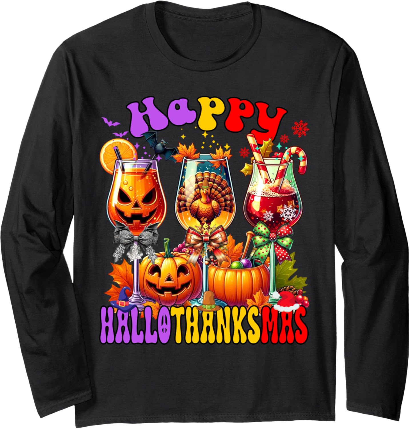 Happy Hallothanksmas Wine Glass Halloween Thanksgiving Xmas Long Sleeve