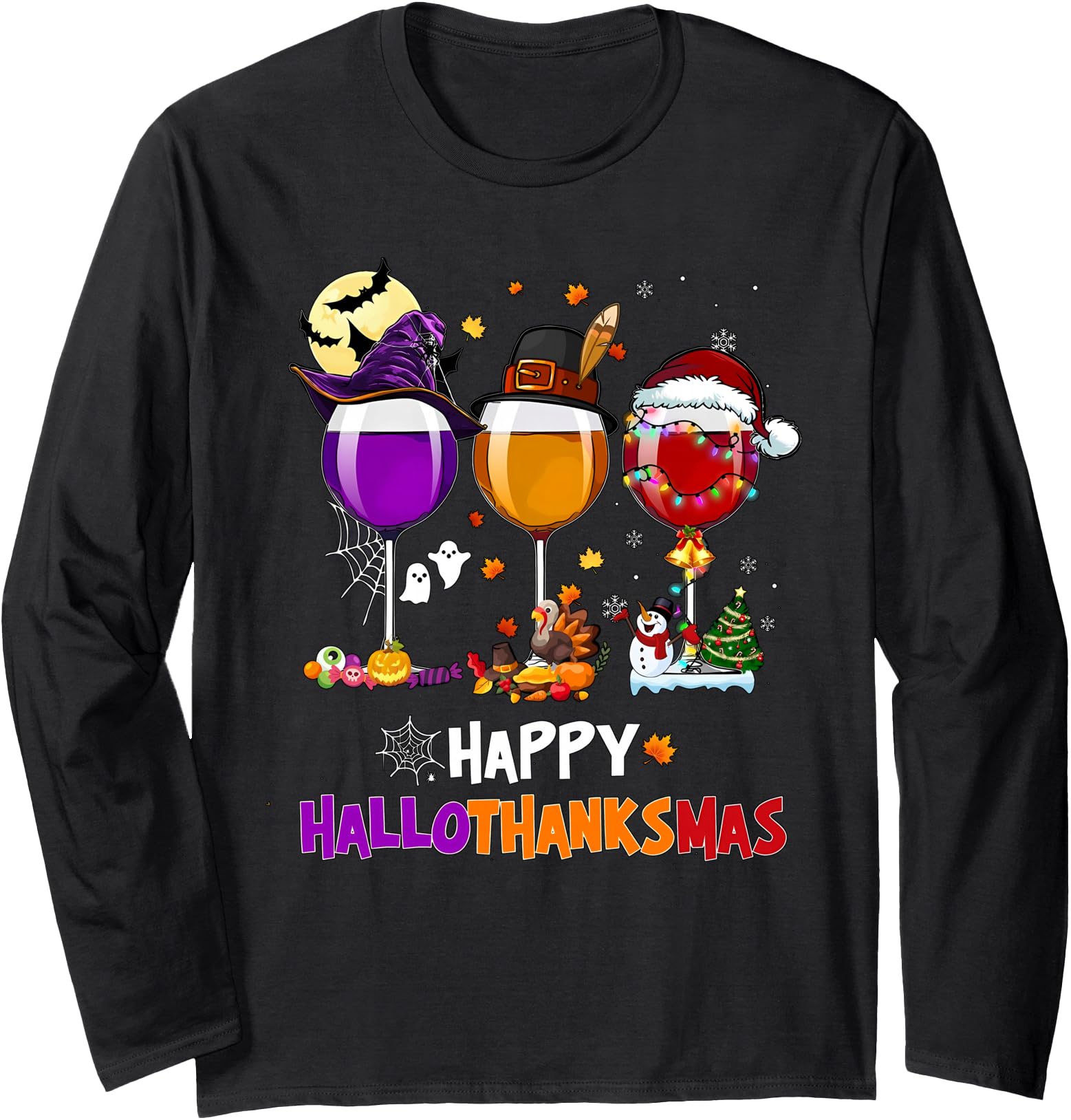 Happy Hallothanksmas Halloween Wine Thanksgiving Christmas Long Sleeve