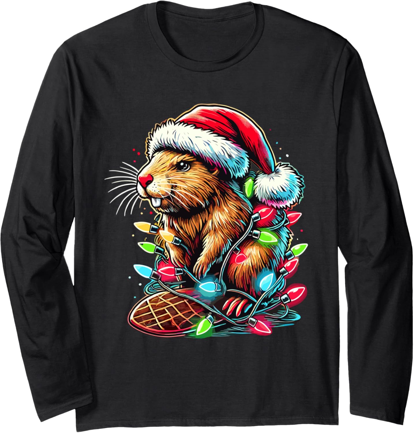 Beaver Santa Hat Christmas Lights Beaver Xmas Long Sleeve