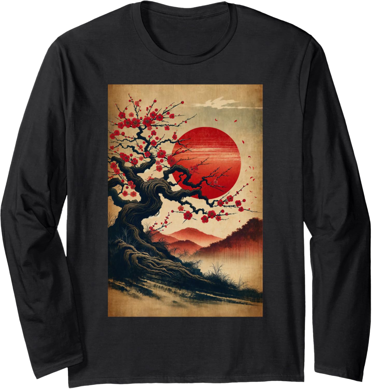 Vintage Cherry Blossom Woodblock Tee Japanese Graphical Art Long Sleeve