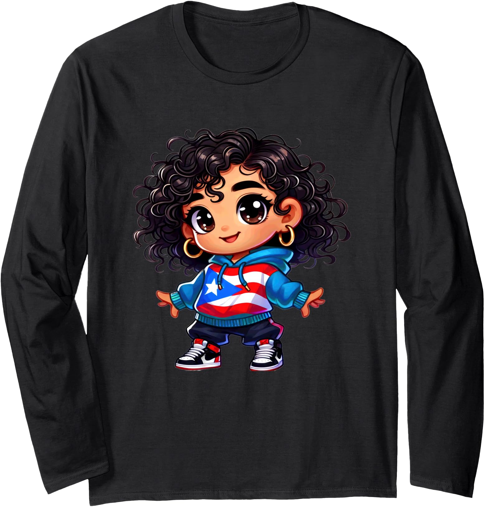 Curly Hair Puerto Rican Flag Hoodie Cute Boricua Princess Long Sleeve