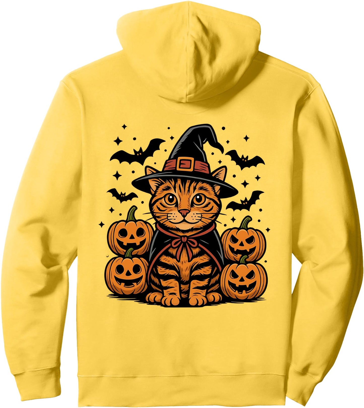 Halloween Orange Tabby Cat Witch Spooky Pumpkin Bats Pullover Hoodie