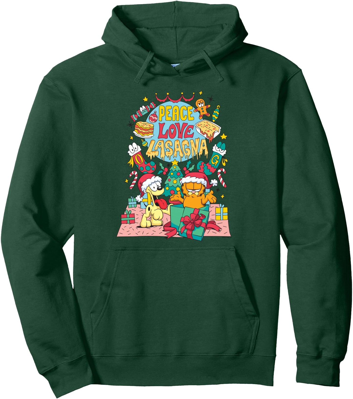 Garfield Peace, Love, Lasagna Funny Christmas Cat Cartoon Pullover Hoodie