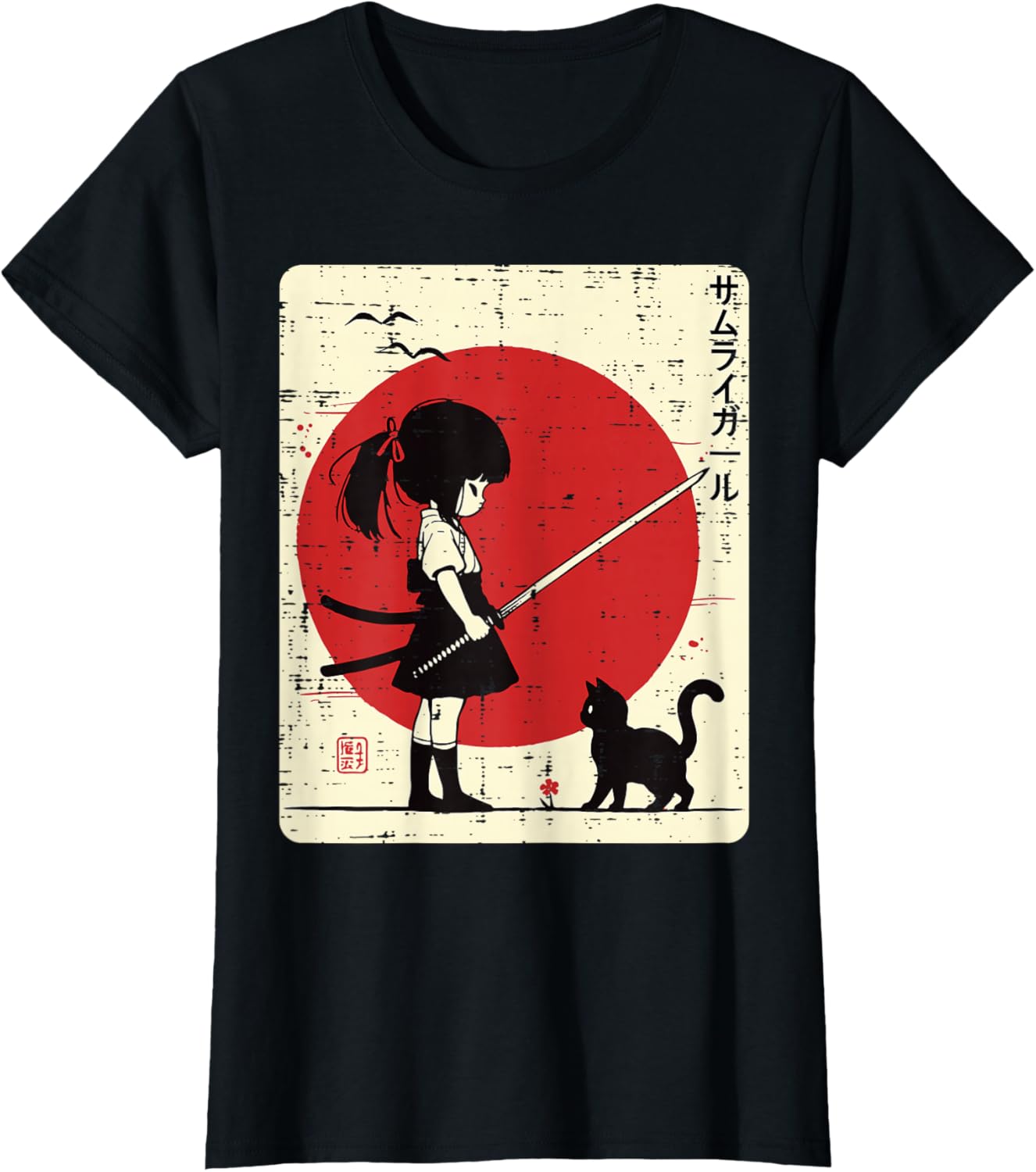 Japanese Samurai Girl Black Cat Kawaii Anime Girls Kid Women