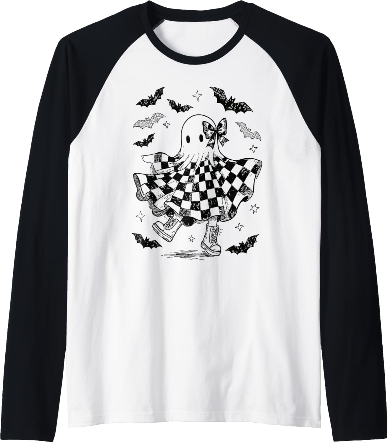 Checkered Boo Ghost Halloween Coquette Bow Spooky Season Raglan Baseball Tee