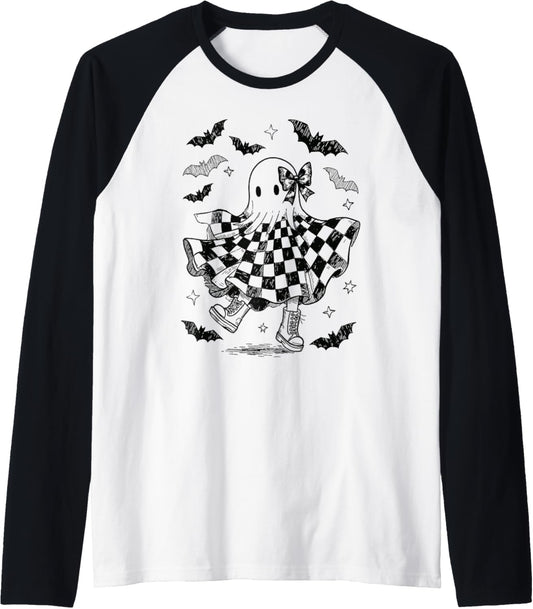 Checkered Boo Ghost Halloween Coquette Bow Spooky Season Raglan Baseball Tee