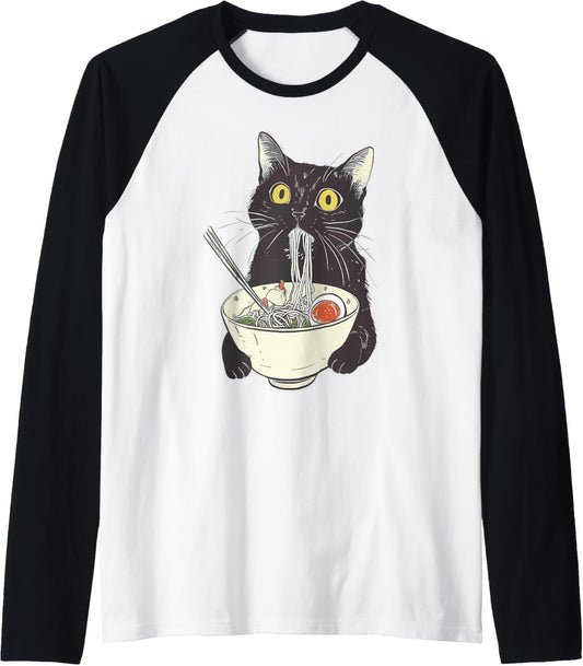 Cat Ramen Noodle Japanese Anime Manga Kawaii Cat Raglan Baseball Tee