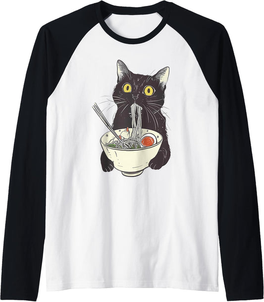 Cat Ramen Noodle Japanese Anime Manga Kawaii Cat Raglan Baseball Tee