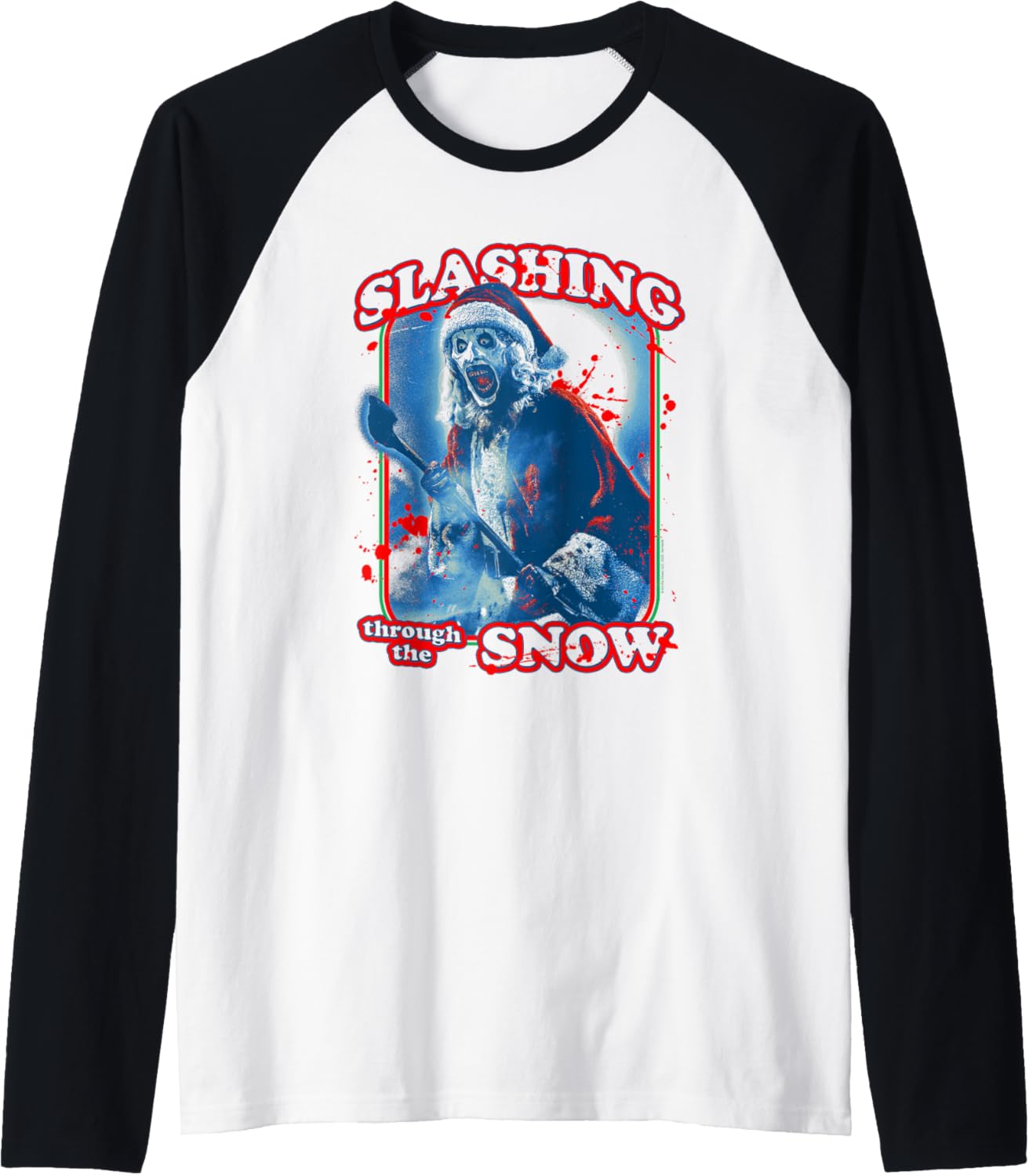 Terrifier Slashing Through The Snow Christmas Horror Movie Raglan Baseball Tee