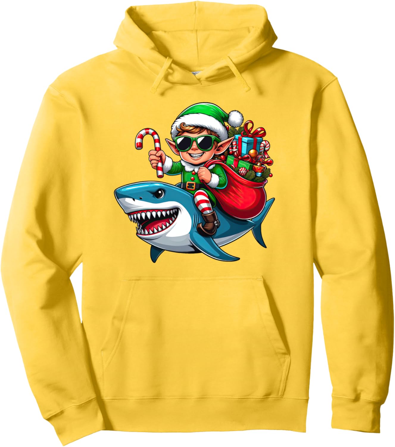 Christmas Elf Riding Shark Santa Hat Candy Cane Xmas Party Pullover Hoodie