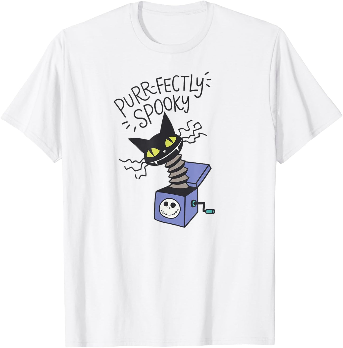 Amazon Essentials Men's Nightmare Before Christmas Purr-fectly Spooky Cat in the Box T-Shirt, White Graphic Print, Small