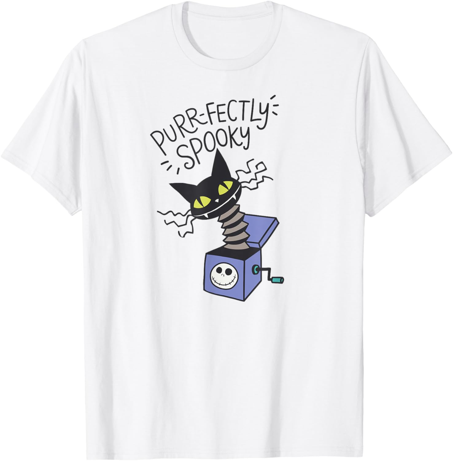 Amazon Essentials Men's Nightmare Before Christmas Purr-fectly Spooky Cat in the Box T-Shirt, White Graphic Print, Small