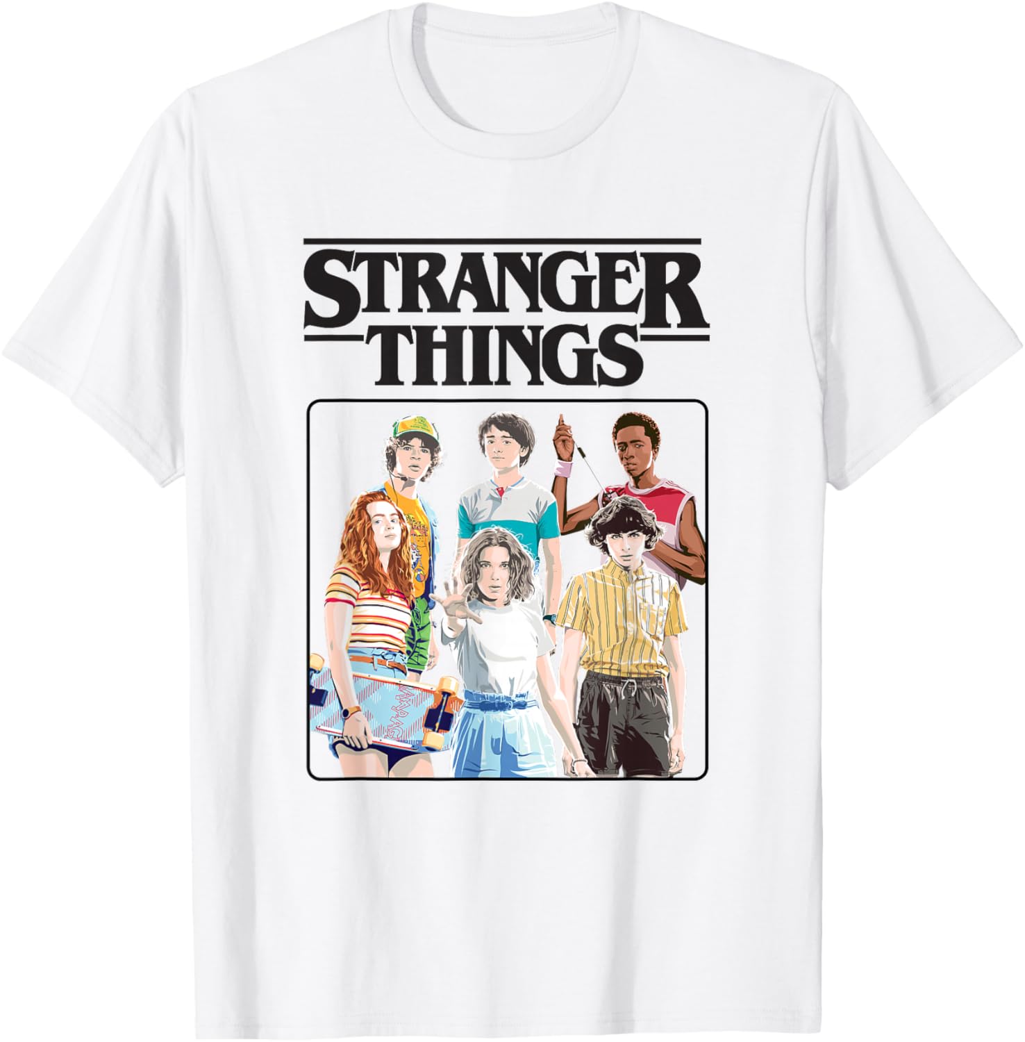 Stranger Things Vintage Eighties Retro Group Shot Title Logo