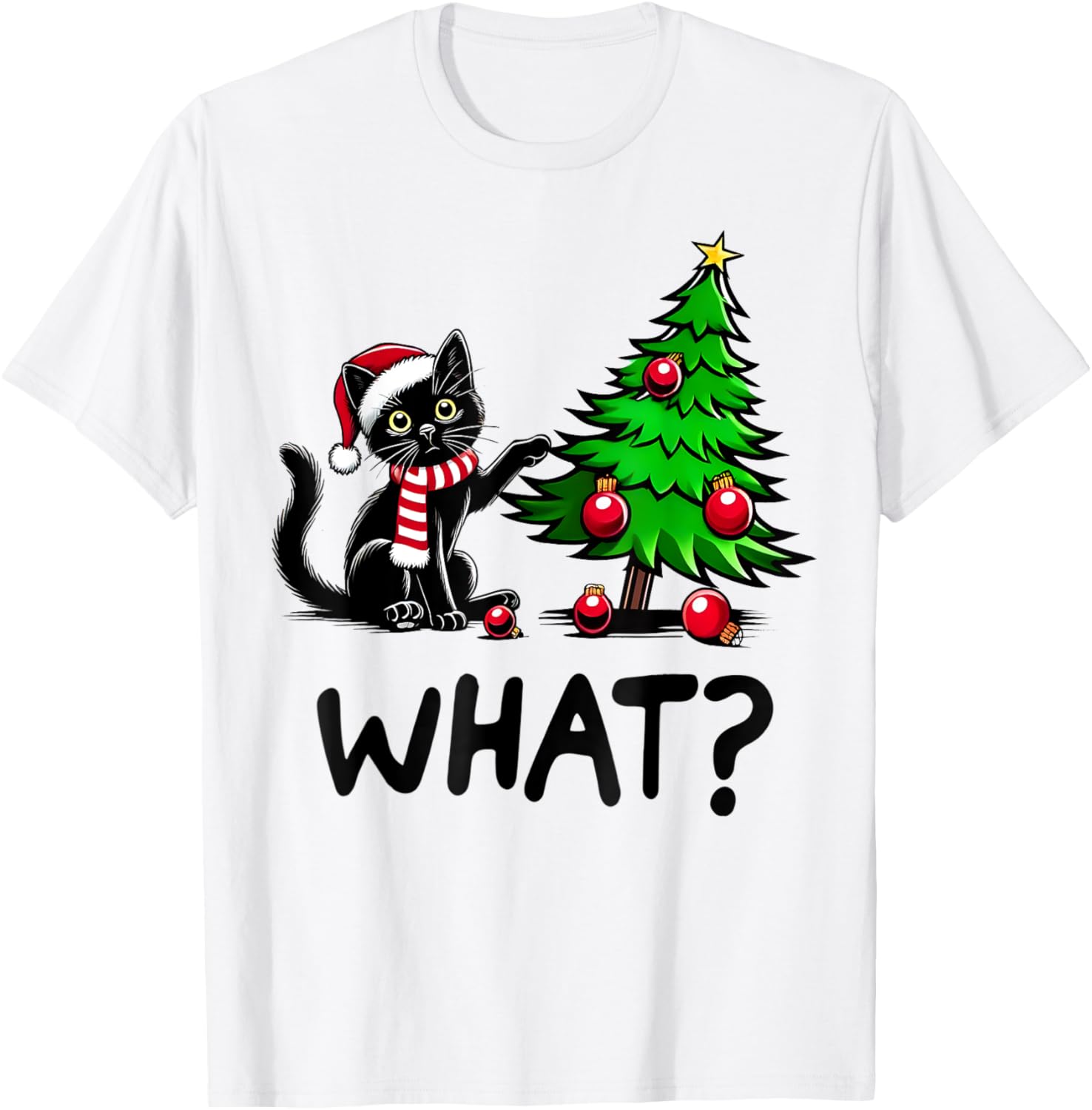Funny Black Cat Pushing Christmas Tree Over Cat What Xmas T-Shirt for Men Women Kids