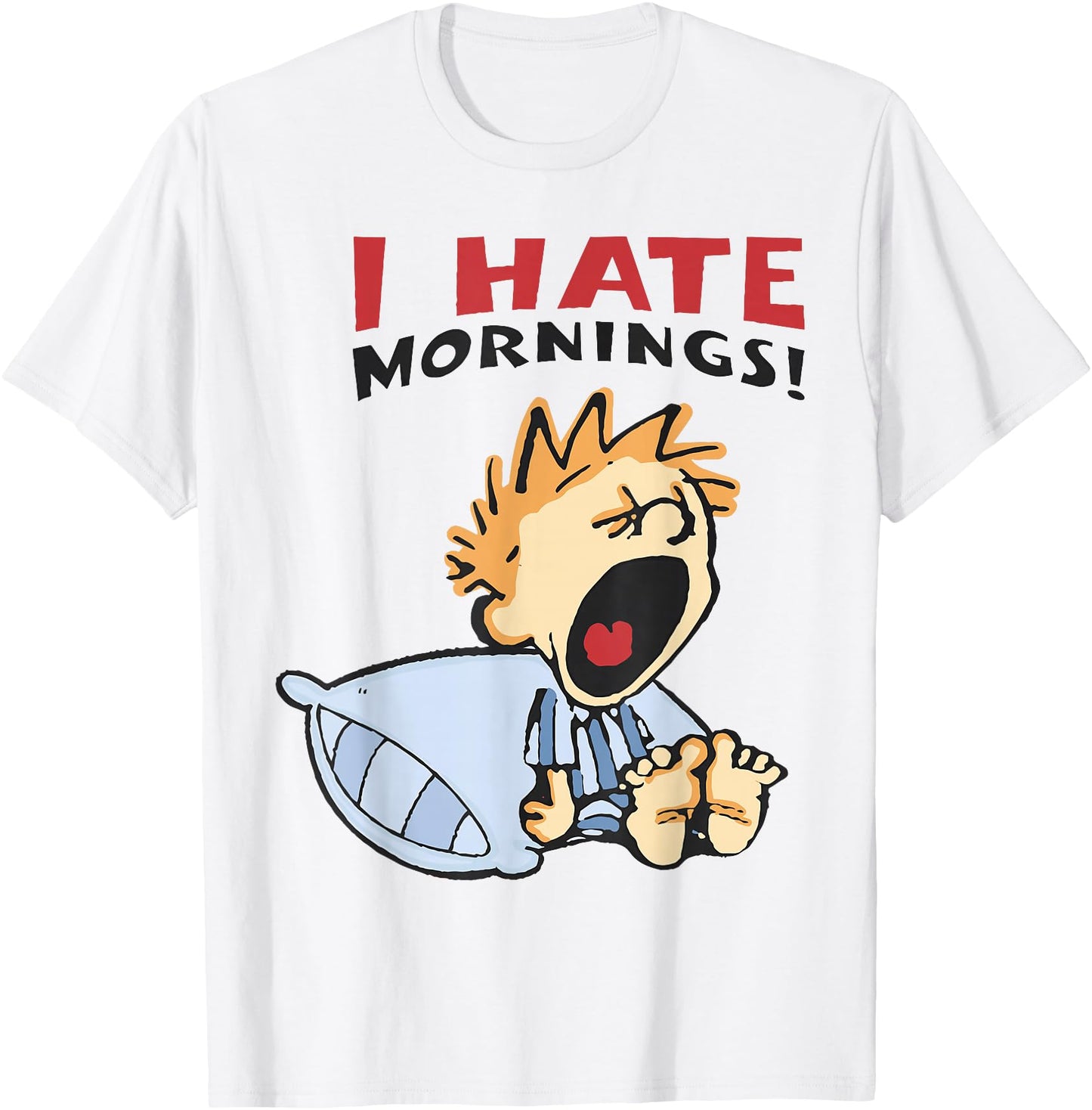 Vintage I Hate Mornings Tee Unisex-Adults, Unisex-Kids Funny Graphic T-Shirt Blue Small Modern Classic Cartoon