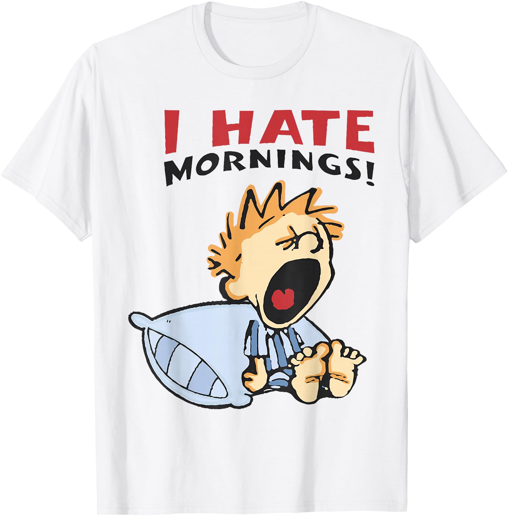 Vintage I Hate Mornings Tee Unisex-Adults, Unisex-Kids Funny Graphic T-Shirt Blue Small Modern Classic Cartoon