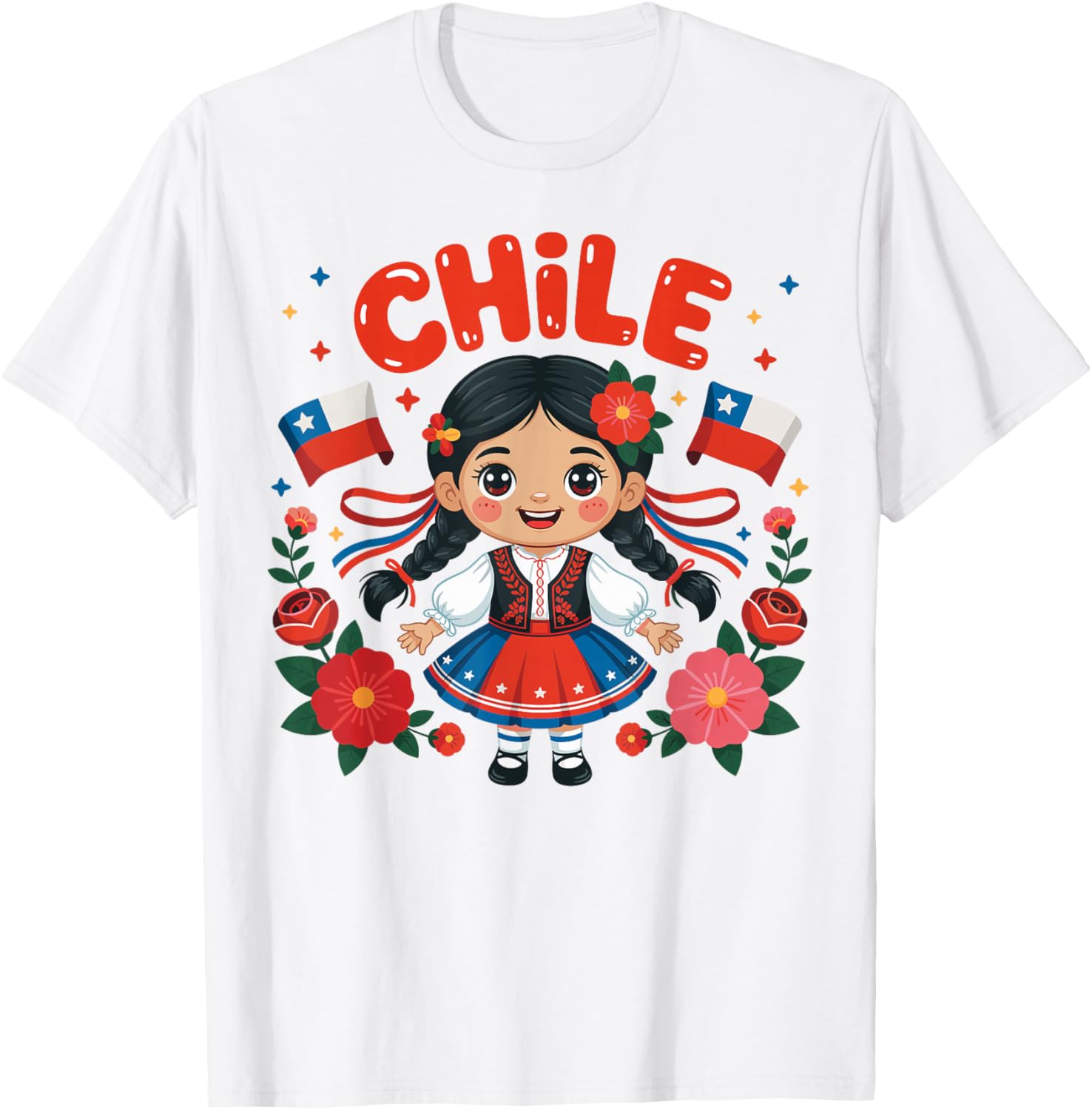 Chile Girl Traditional Dress with Flags and Flowers for Kids