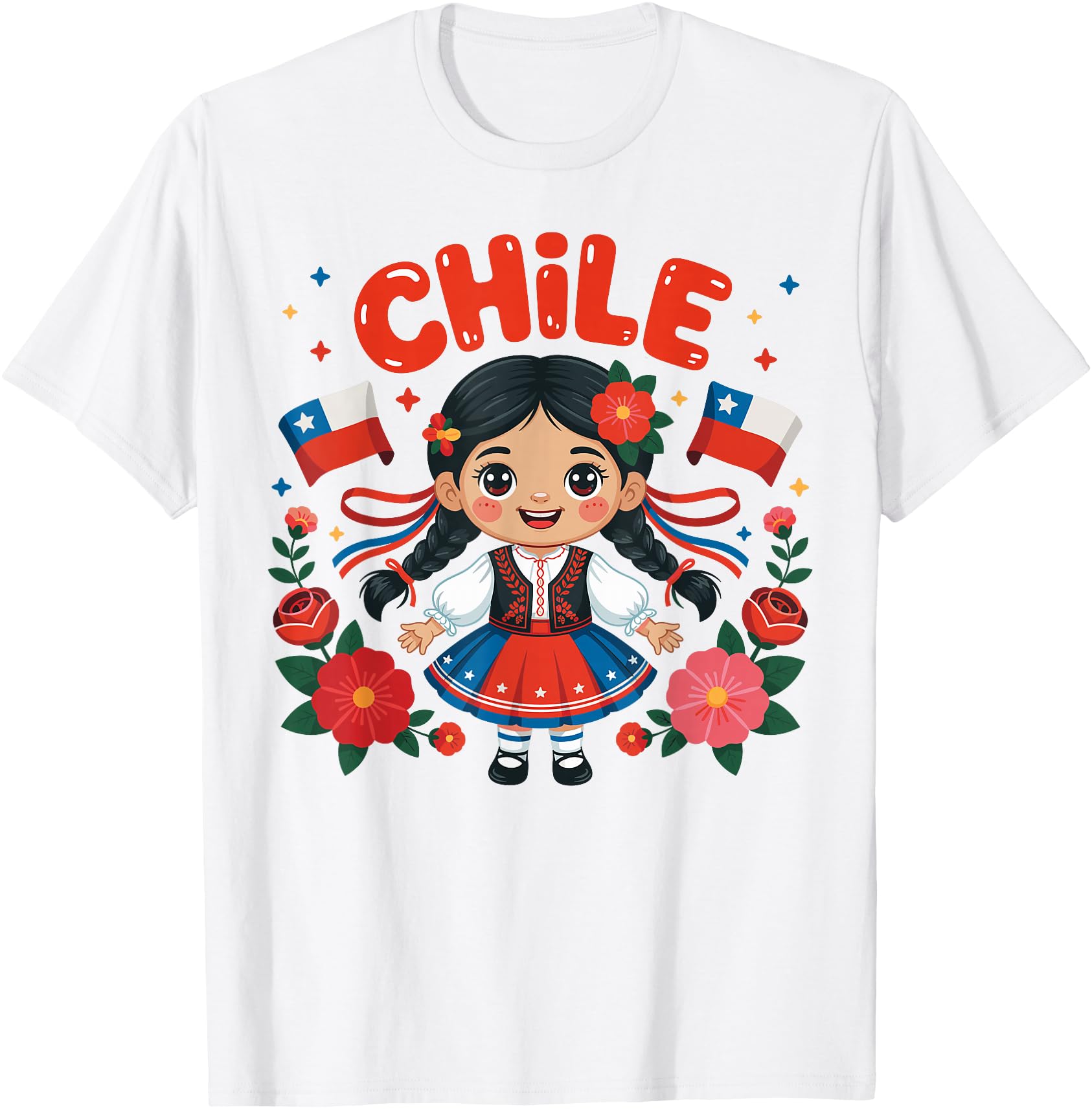 Chile Girl Traditional Dress with Flags and Flowers for
