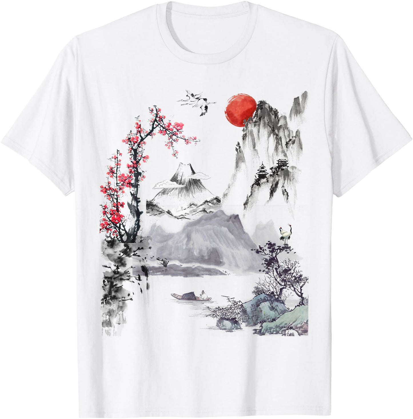 Japanese Art Tree Red Moon With Birds Flying in Background