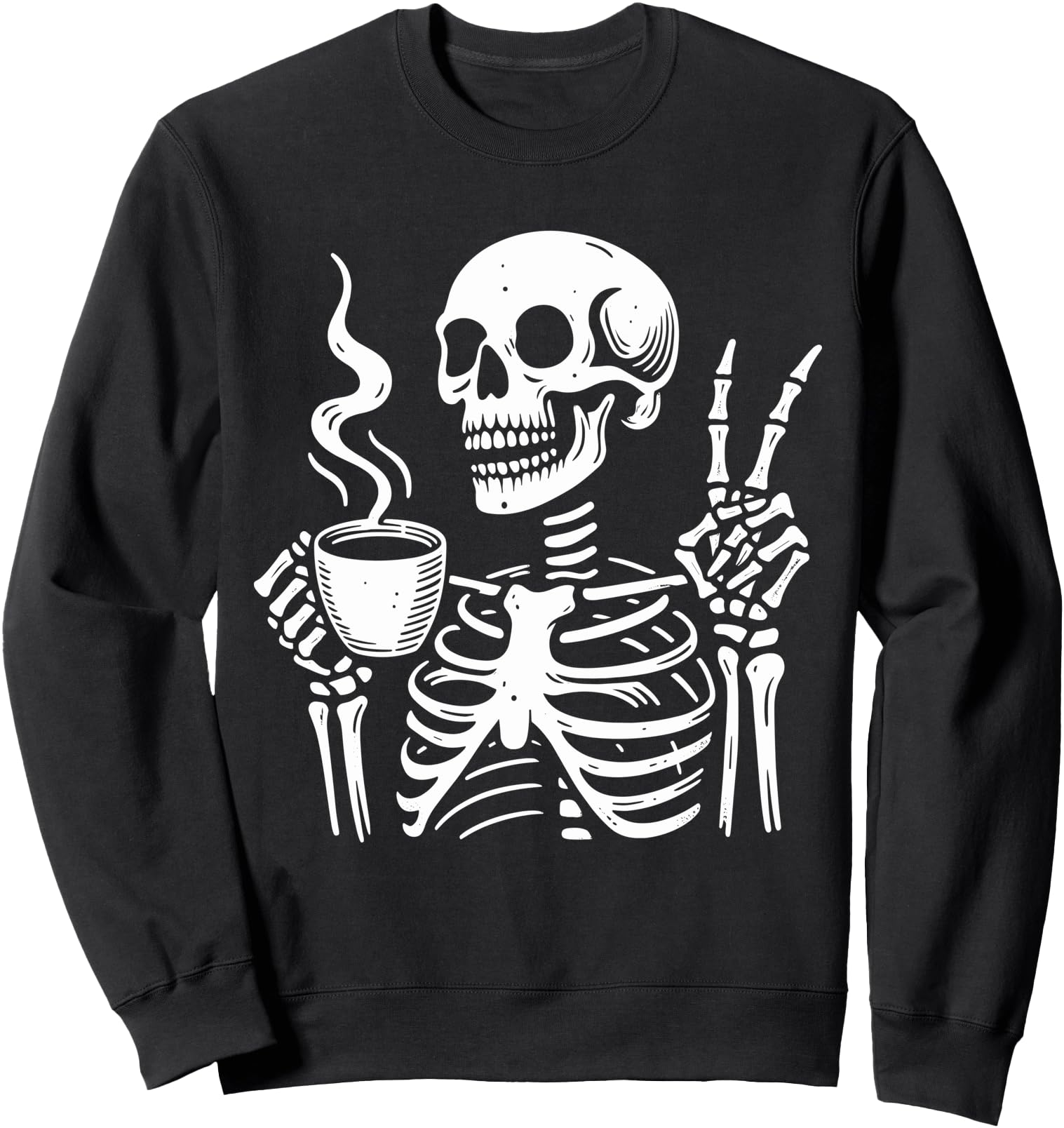 Skeleton Drinking Coffee Gothic Peace Sign Halloween Hippie Sweatshirt