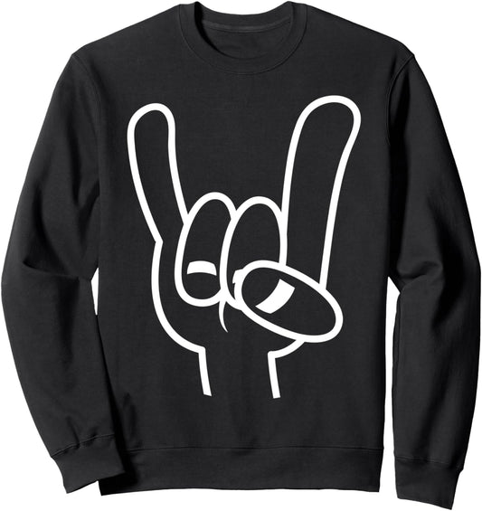 Cartoon Heavy Metal Devil Horns Hand Sign in White Line Sweatshirt