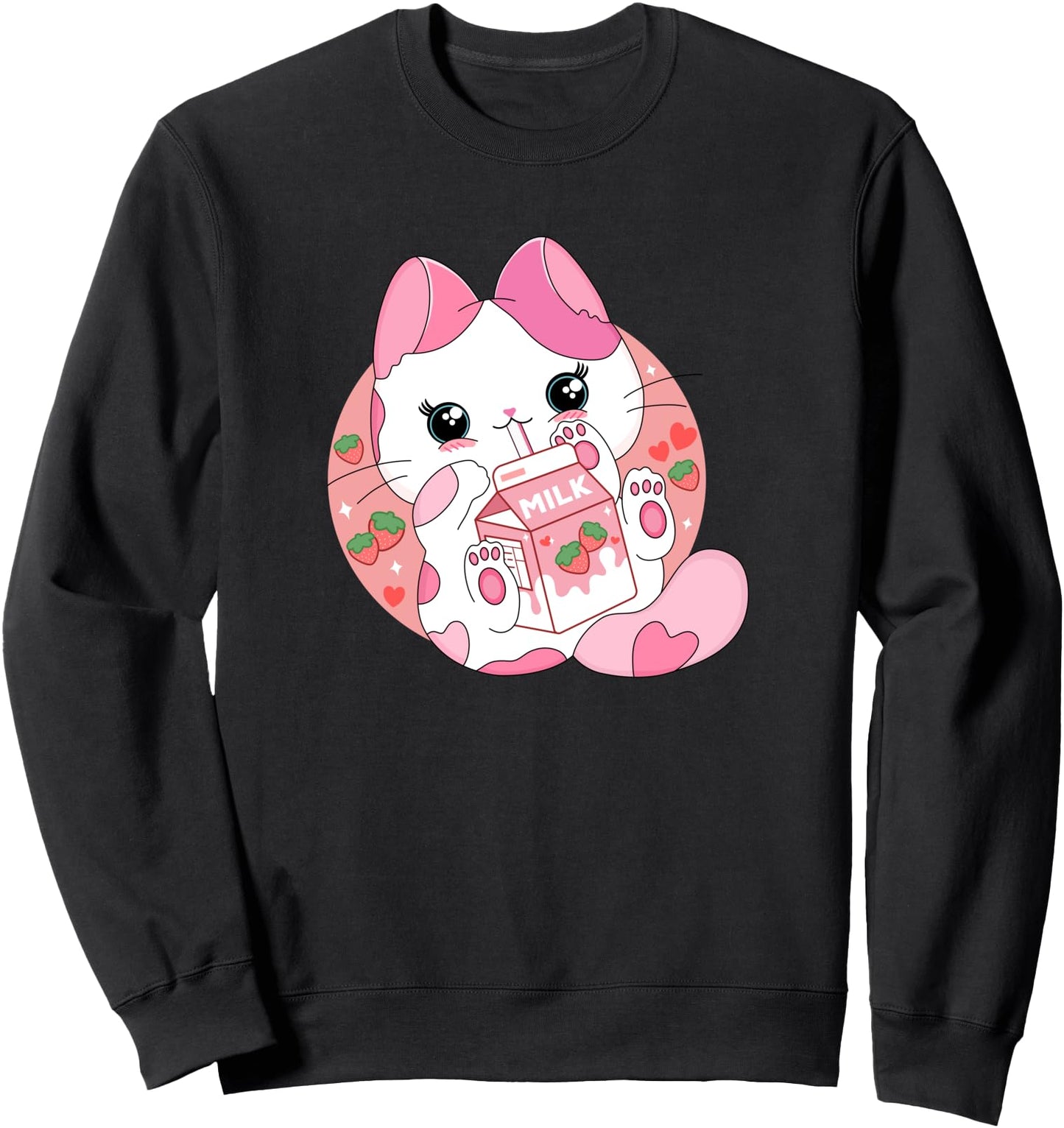 Kawaii Anime Cat Drinking Strawberry Milk Cute Japanese Neko Sweatshirt