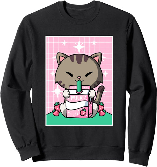 Cat Strawberry Milk Shake Carton Japanese Kawaii Anime Sweatshirt