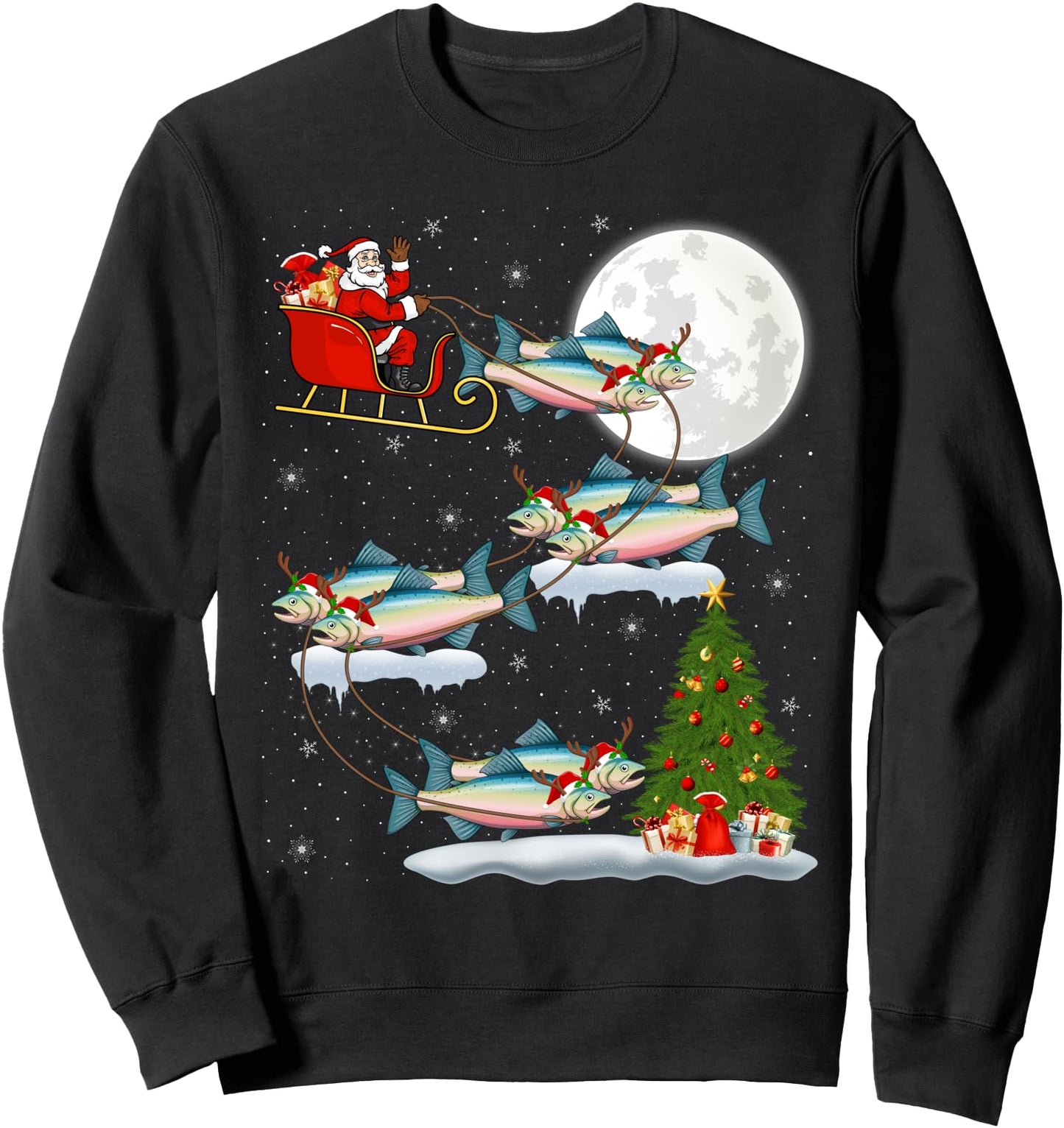 Funny Xmas Lighting Tree Santa Riding Salmon Fish Christmas Sweatshirt