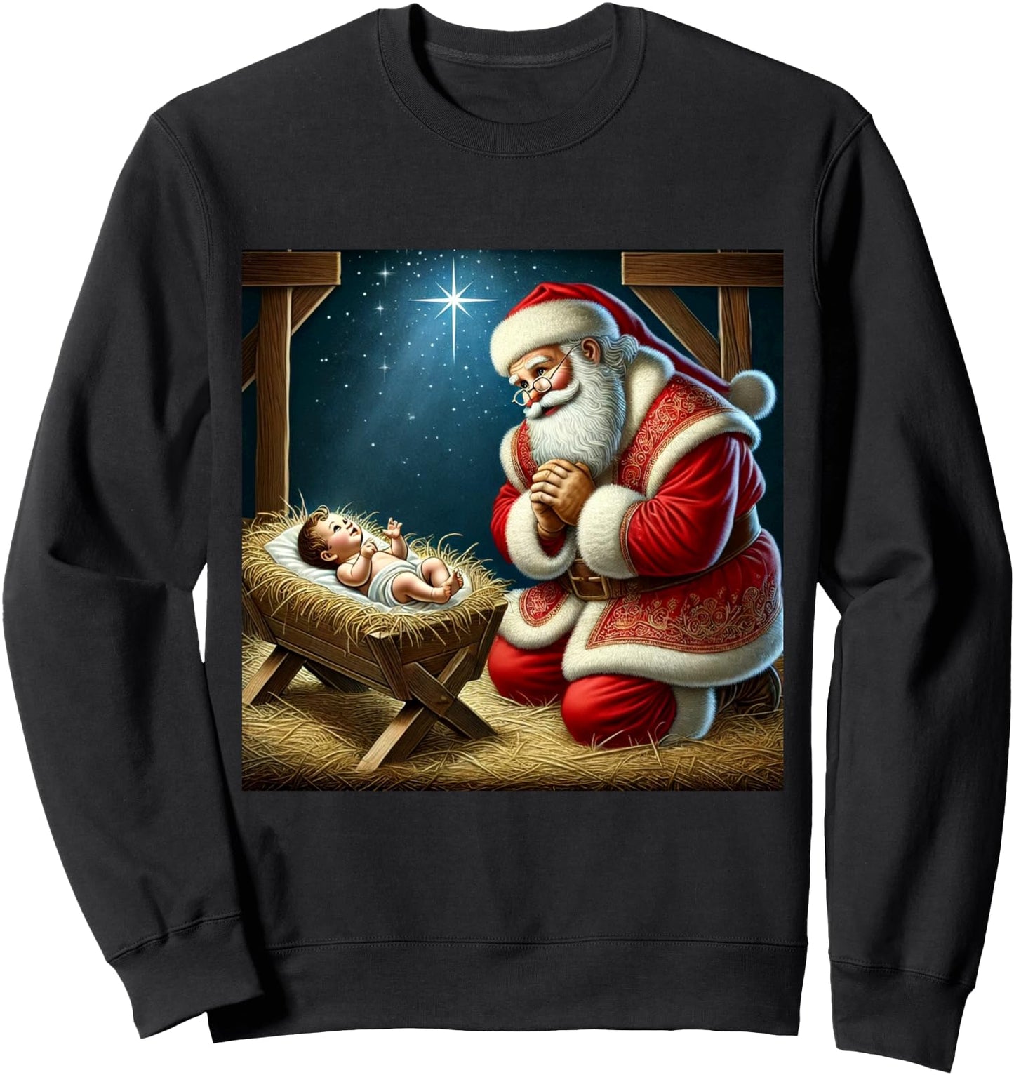 Santa Kneeling Before Baby Jesus Christmas Sweatshirt
