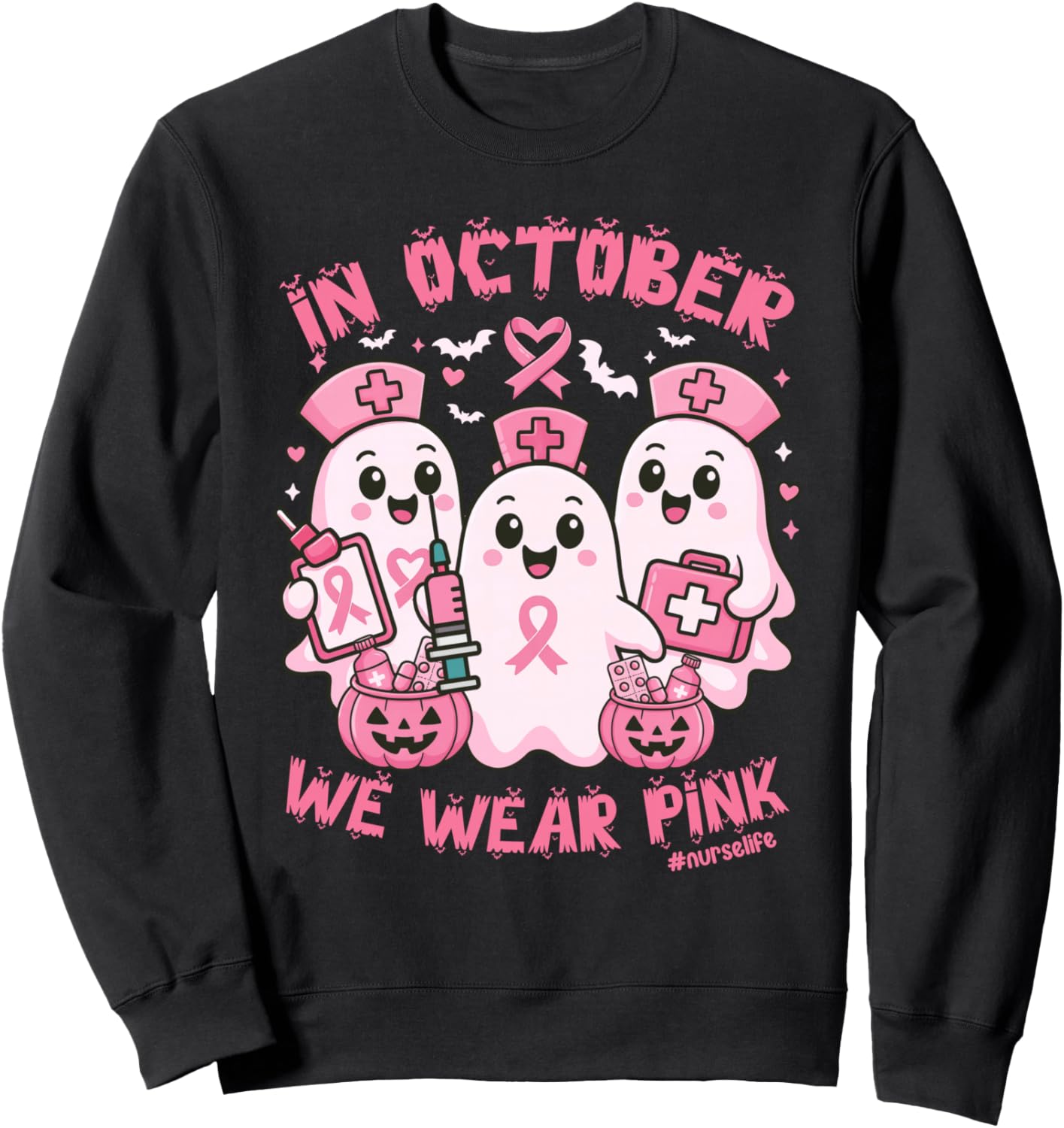 In October We Wear Pink Nurse Ghost Halloween Breast Cancer Sweatshirt