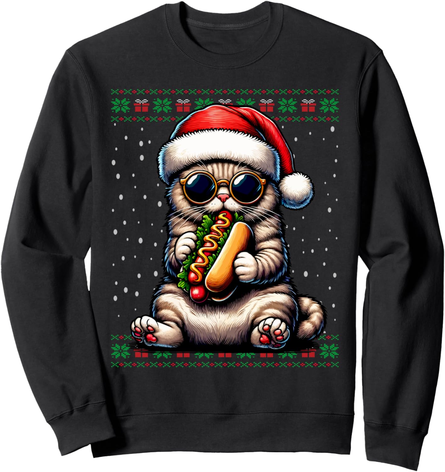 Christmas Cat Eating Hot Dogs Ugly Christmas Sweater Sweatshirt