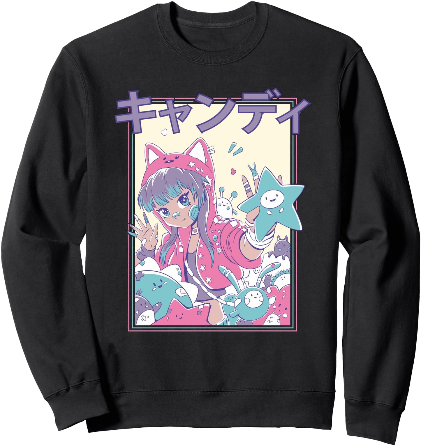 Pastel Anime Girl with Plushies Cute Japanese Graphic Sweatshirt