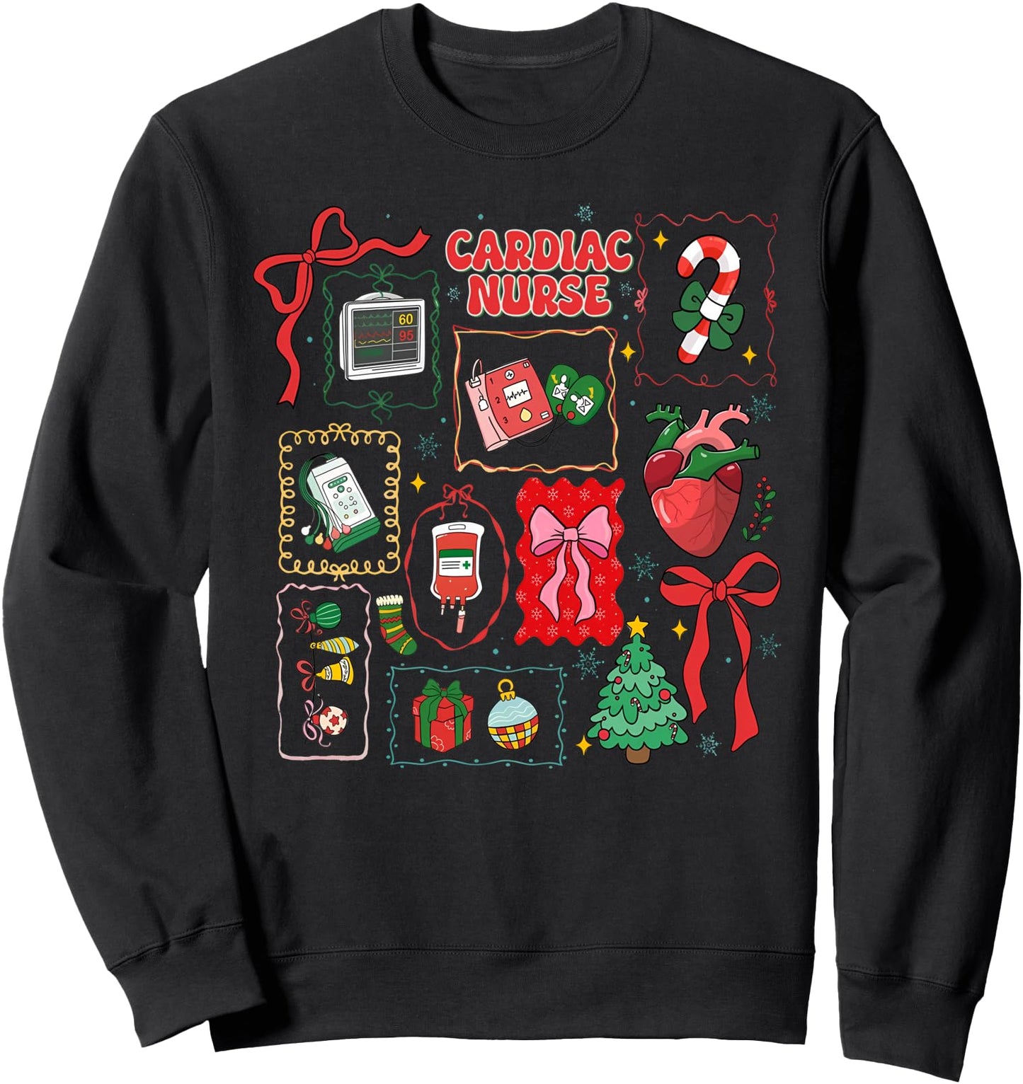 Stamp Bow Christmas Cardiac Nurse Heart Anatomy CVICU Crew Sweatshirt