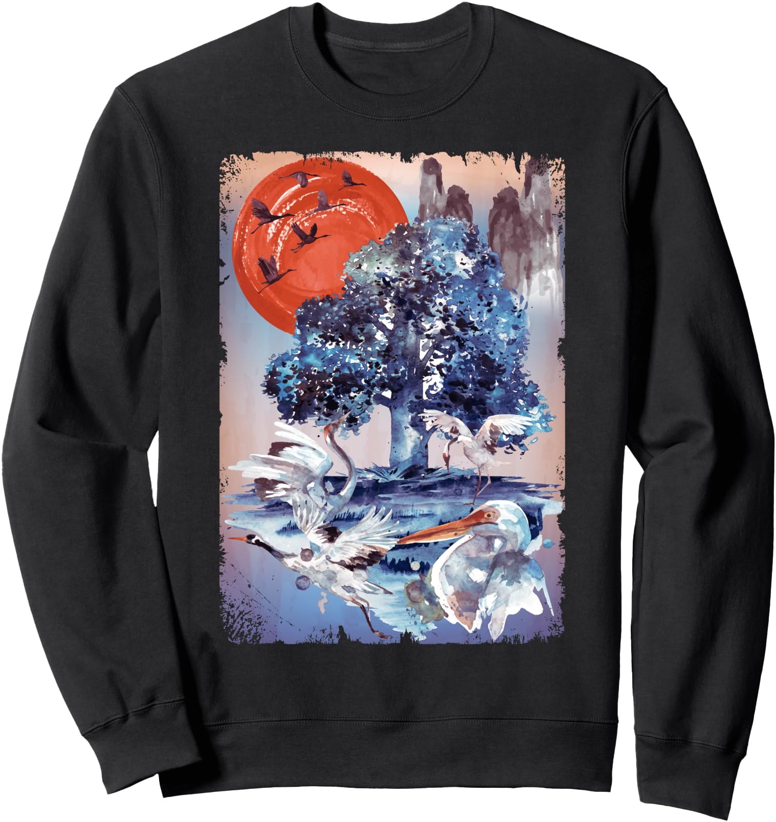 Watercolored Japanese Landscape Crane Sweatshirt