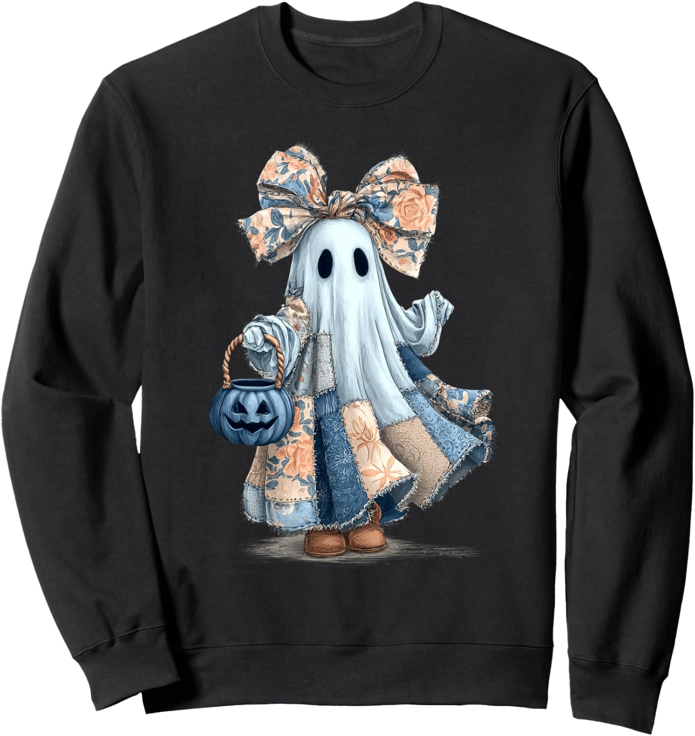 Blue Denim Patchwork Quilt Cute Boo Ghost Halloween Sweatshirt