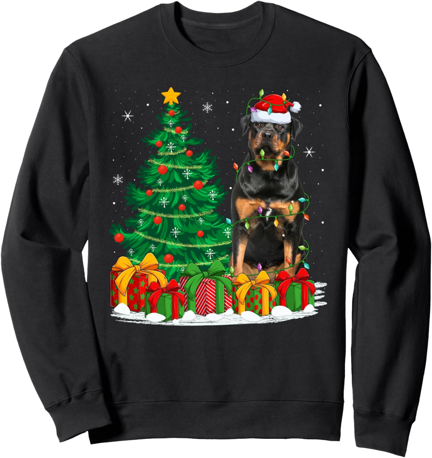 Rottweiler Dog Christmas Tree Lights Funny Santa Hat Xmas Sweatshirt