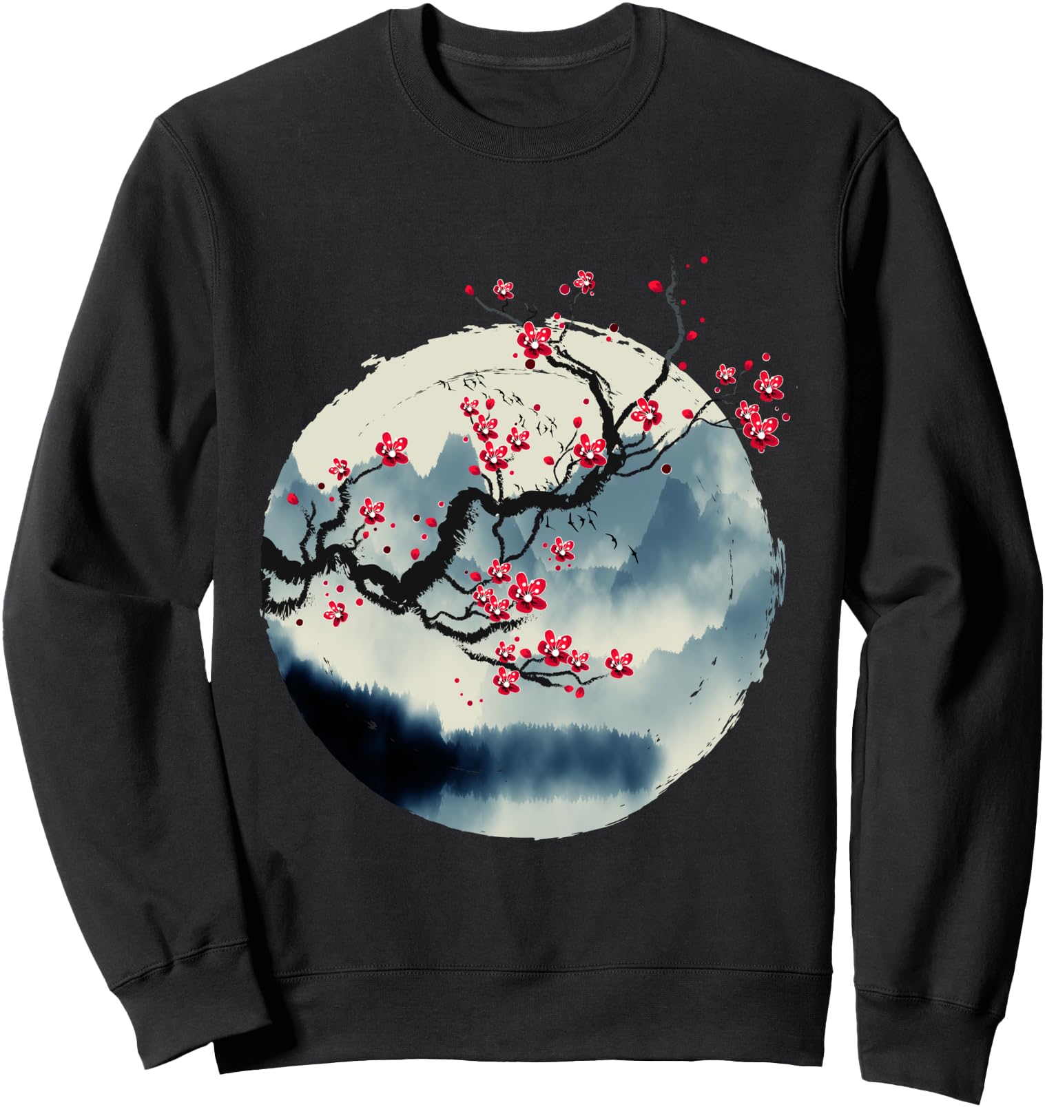 Zen Mountains Cherry Blossom Flowers Japanese Woodblock Art Sweatshirt
