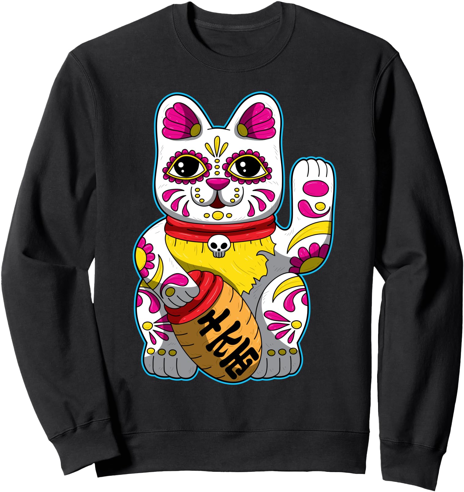 Lucky Cat Maneki Neko, Cute Japanese Kitten Sugar Skull Sweatshirt