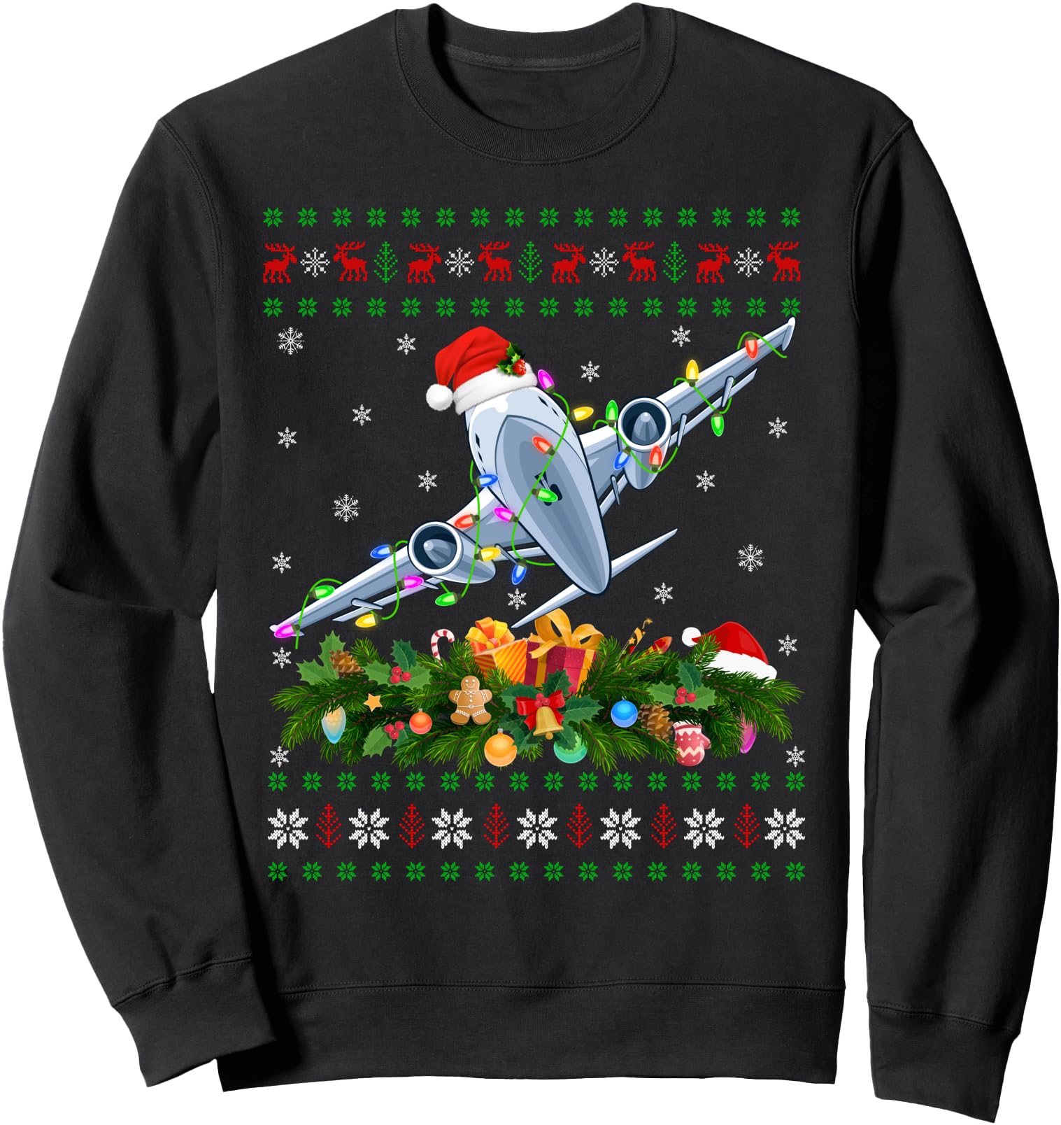 Funny Xmas Lighting Tree Santa Ugly Airplane Christmas Sweatshirt