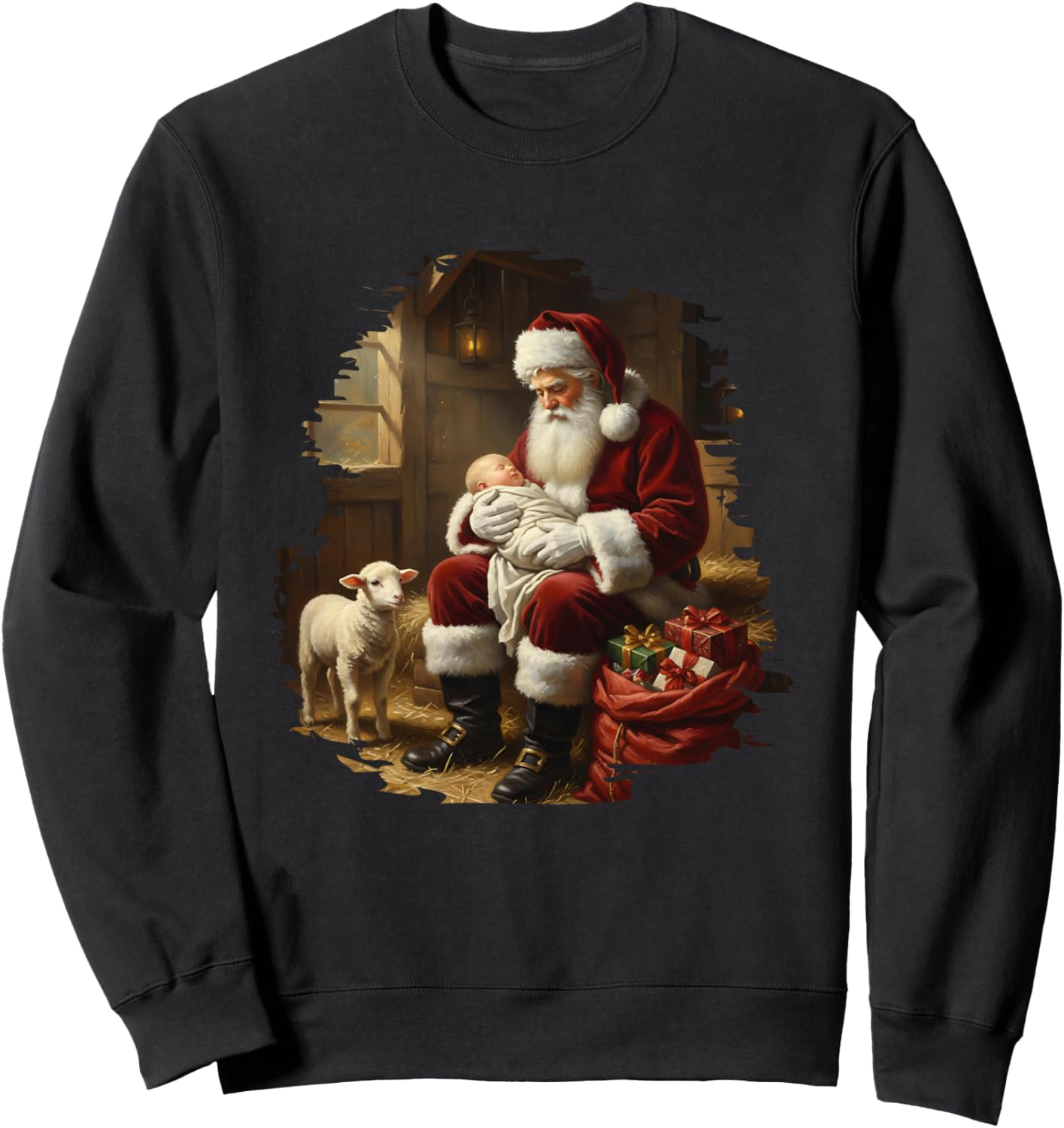 Santa Praying over Baby Jesus Popular Brushstroke Christmas Sweatshirt